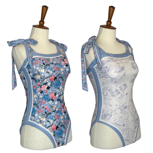 Retro Blue and White Floral Reversible Swimsuit with Shoulder Ties - Picture 8 of 16